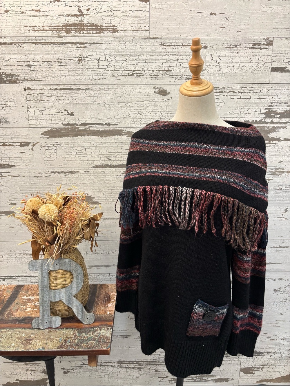 Talk of the Walk Black Knit Poncho Sweater with Multicolor Fringe